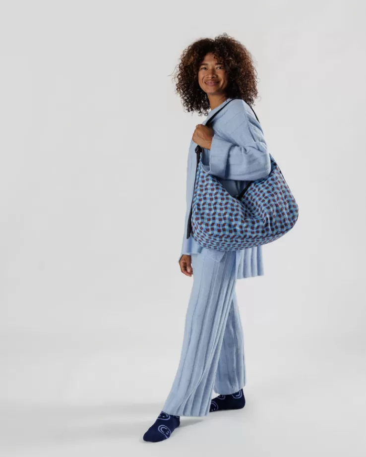 Baggu Large Nylon Crescent Bag : Wavy Gingham Blue - | Crossbody Bags