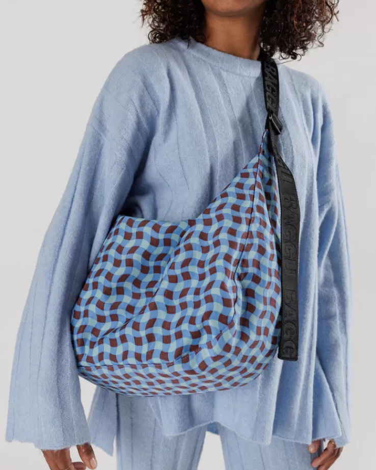 Baggu Large Nylon Crescent Bag : Wavy Gingham Blue - | Crossbody Bags