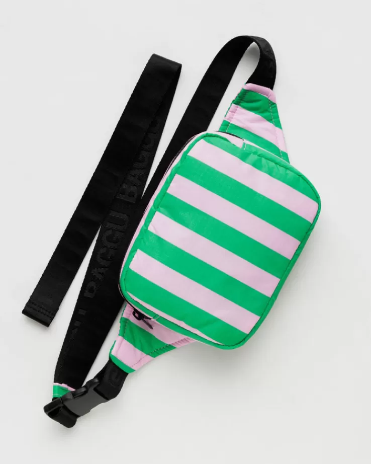 Baggu Puffy Fanny Pack : Pink Green Awning Stripe - | Crossbody Bags